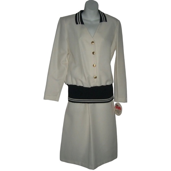 Vintage 50's Outfit Skirt Blouse Set Secretary Nautical Deadstock Ivory Striped - Picture 1 of 12